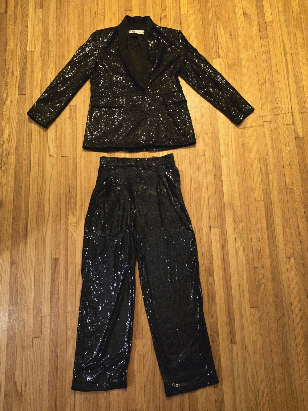 Zara Black Sequin Blazer & High-Waist Trousers Set